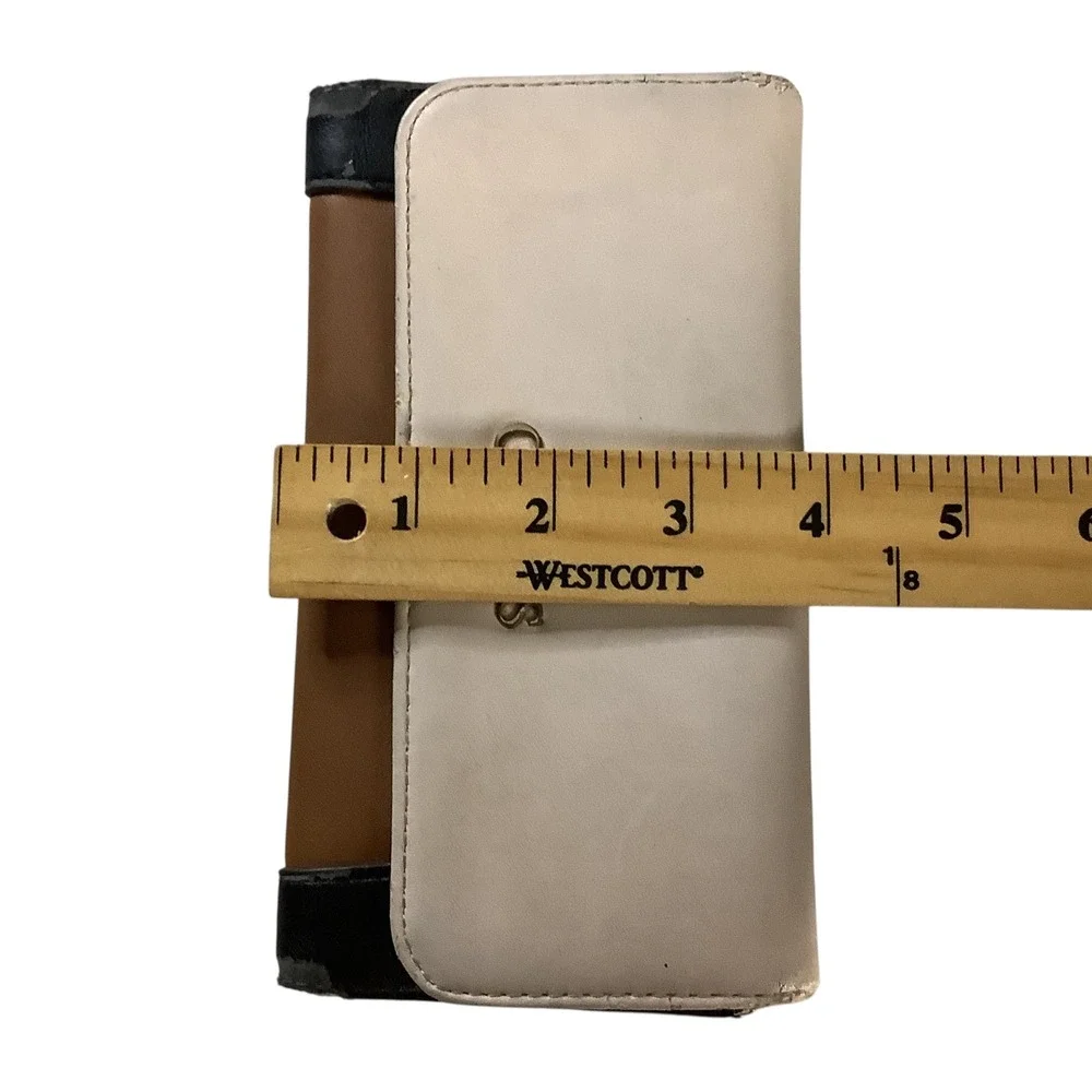 GUESS Tri-Fold Wallet Womens Tan Cream Black Colorblock Logo Faux Leather